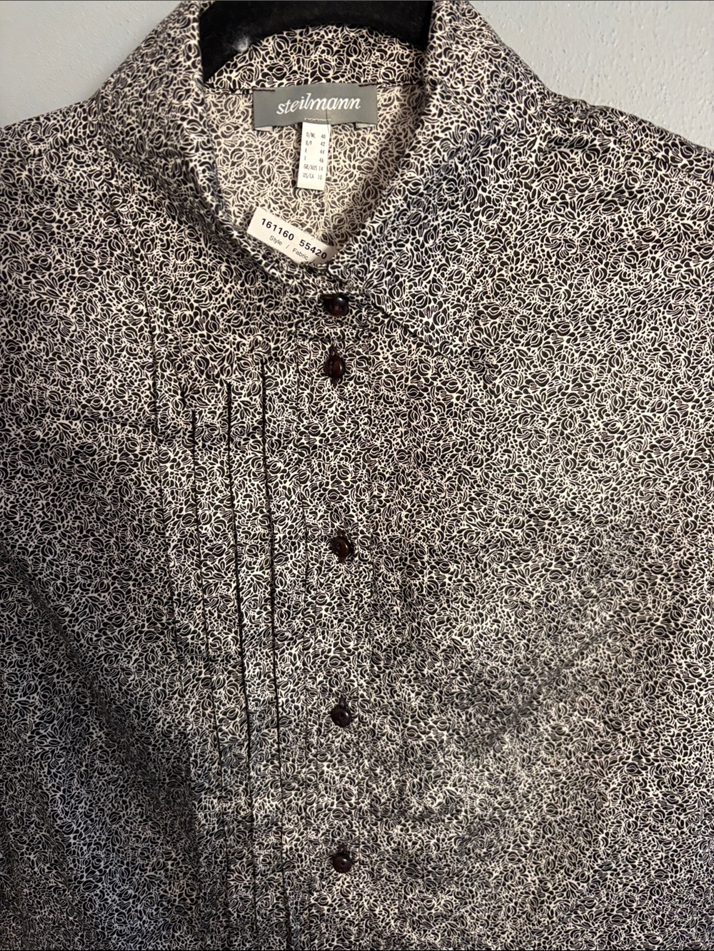 Steilmann Black & White Micro-flower Print Button-Down Pin-tuck Shirt, US 10 NWT